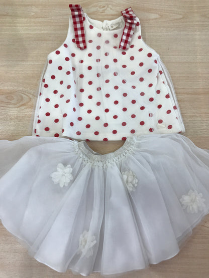 Completo Nanan gonna in tulle con fiori con t-shirt smanicata con pois rossi e fiocchi sulle spalline