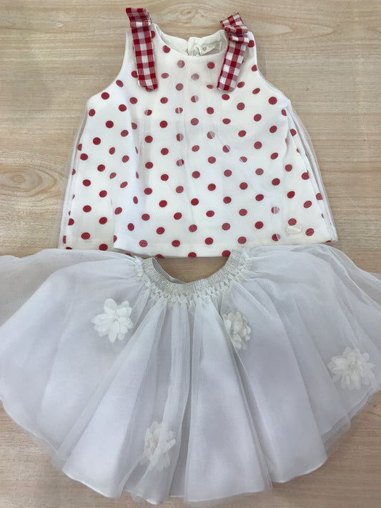 Completo Nanan gonna in tulle con fiori con t-shirt smanicata con pois rossi e fiocchi sulle spalline