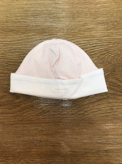 Cappello Laranjinha in cotone a righe bianche e rosa con risvolto bianco