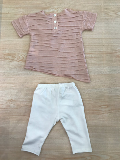 Completo Coccodè in cotone leggins bianco di cotone con t-shirt mezza manica rosa con pieghe