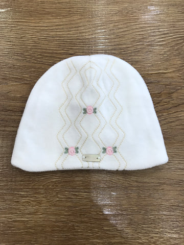 Cappello Le Bebè in ciniglia bianco con roselline rosa ricamate