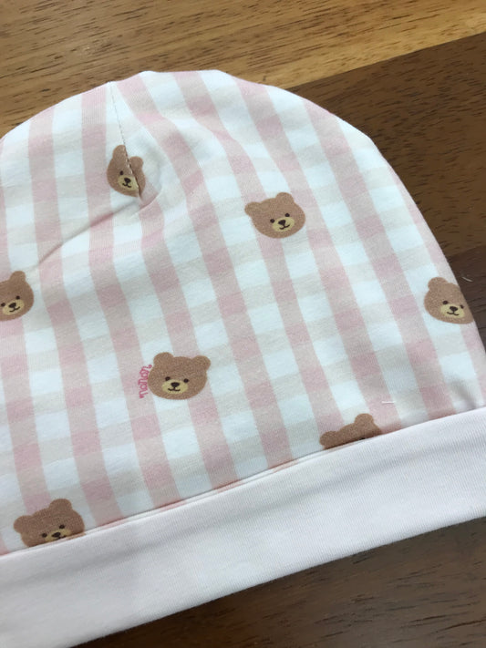 Cappello Nanan in cotone a quadretti rosa e bianchi con orsetti