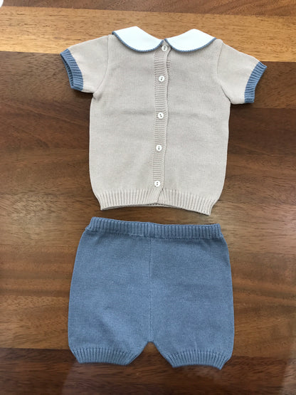 Completo Baby Lord in filo due pezzi tortora e avio con passanastro e fiocco ricamato mezza manica gambina corta