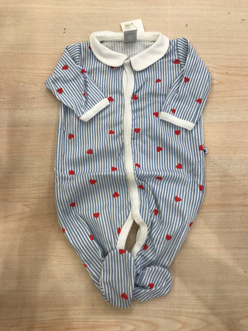 Tutina Petit Bateau intera a righe bianche e celesti con cuori rossi