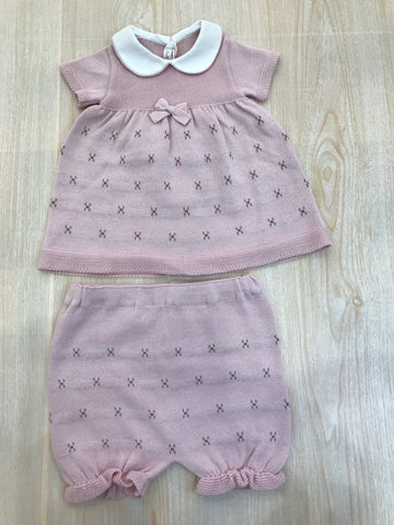 Completo Baby Lord in filo rosa antico mezza manica con fiorellini ricamati e culotte abbinata