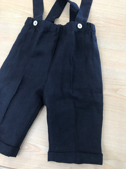 Pantalone Colibrì in lino lungo blu scuro con bretelle