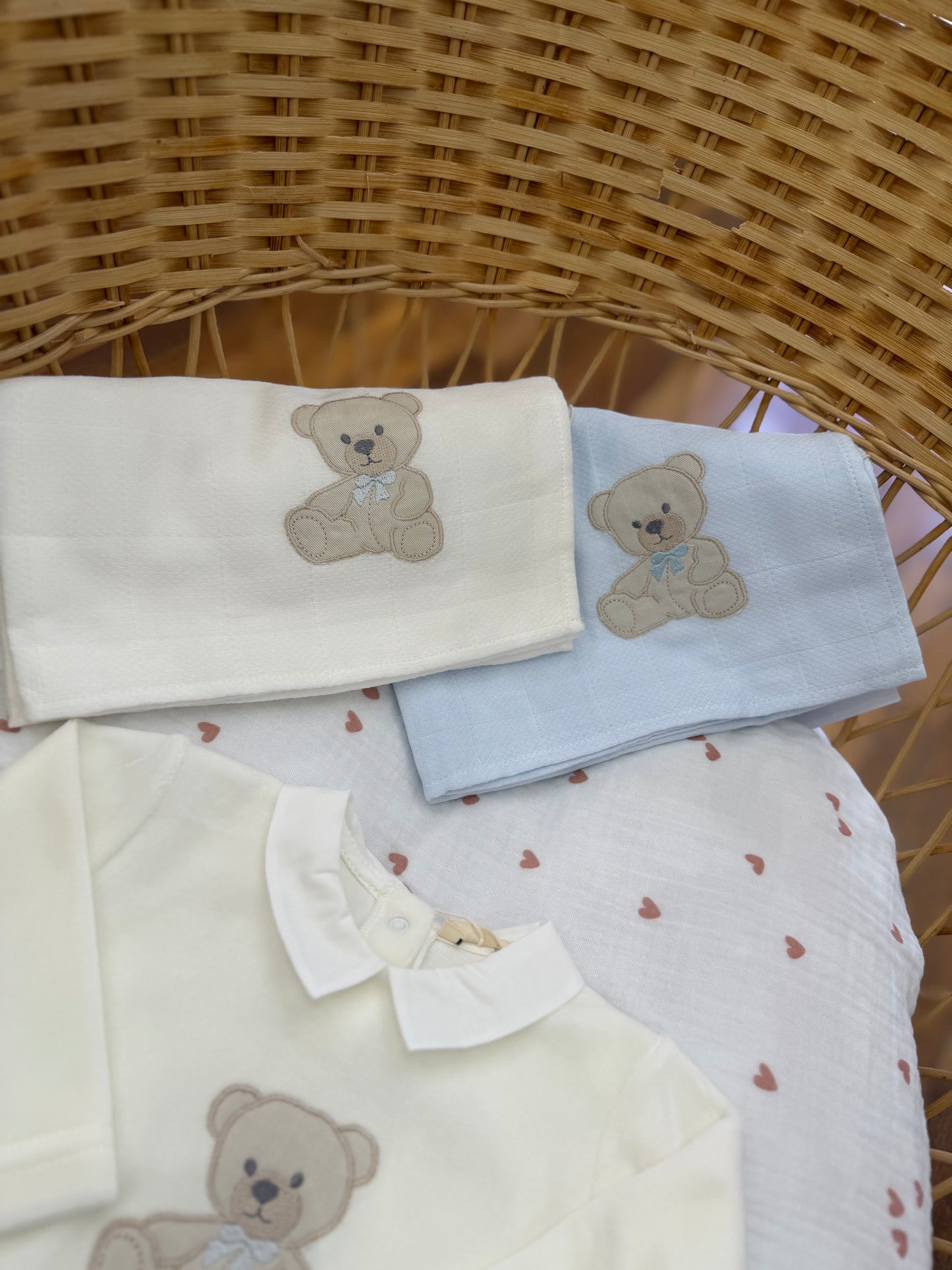 Coordinato nascita Baby Gi in ciniglia con orsetti con fiocchetti