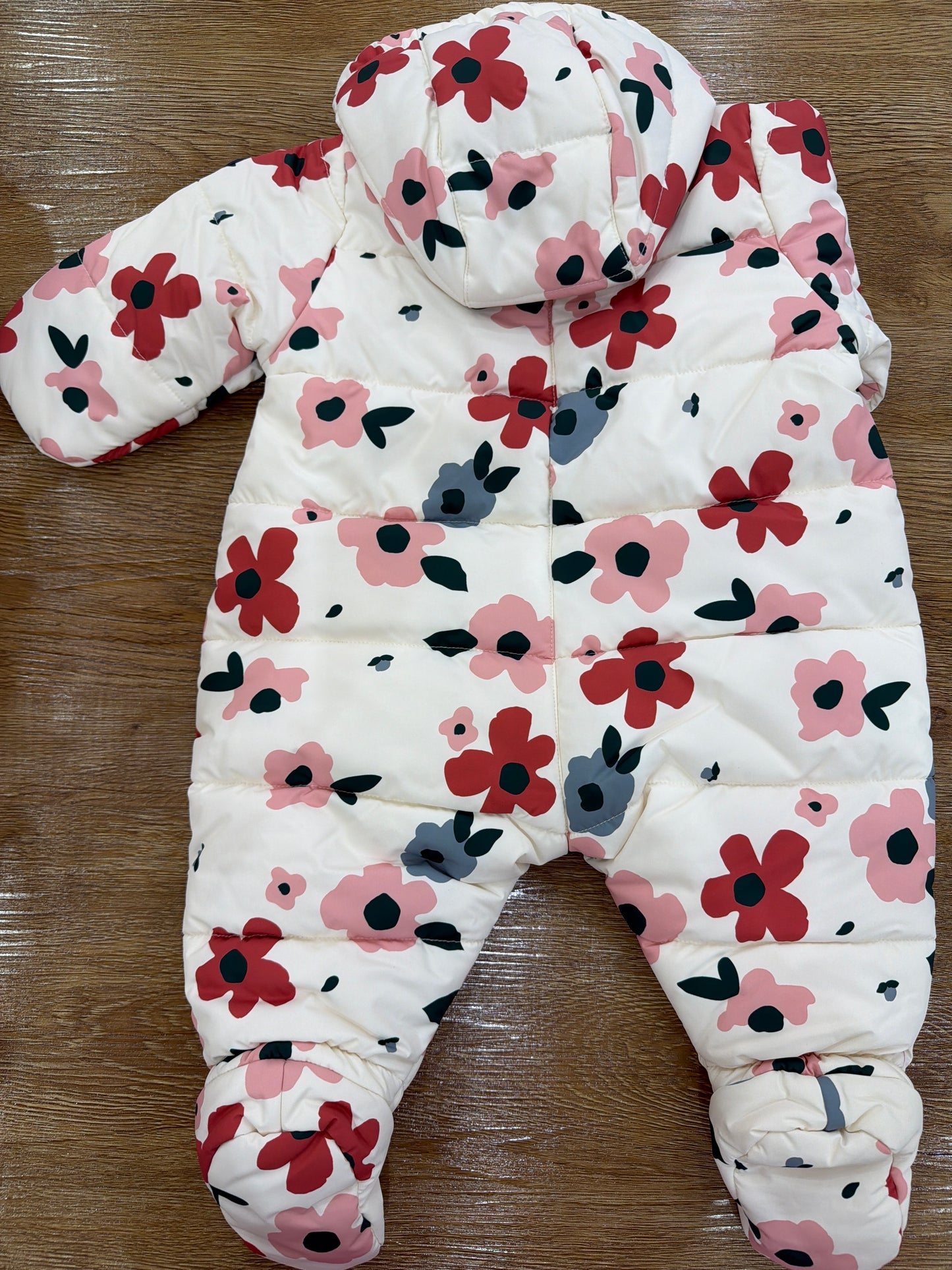 Eskimo Petit Bateau intero impermeabile imbottino con chiusura trasversale con cappuccio e decorato da fiorellini
