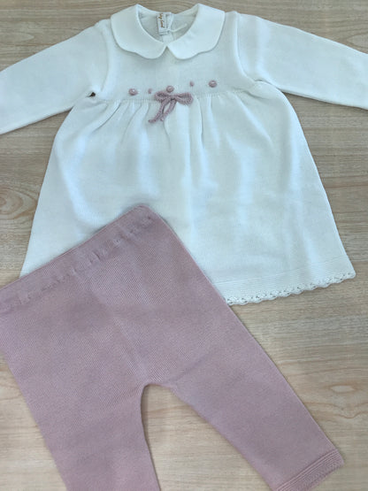 Tutina Baby Lord in filo bianca rosa antico con corpetto rifinito da fiorellini ricamati a mano
