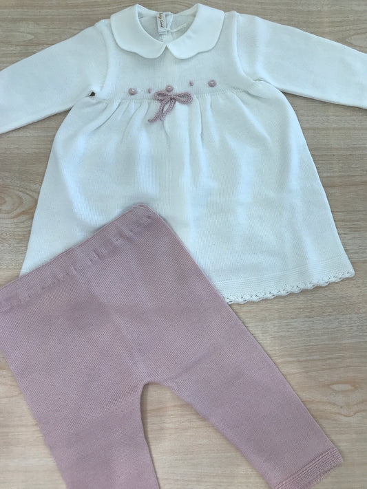 Tutina Baby Lord in filo bianca rosa antico con corpetto rifinito da fiorellini ricamati a mano