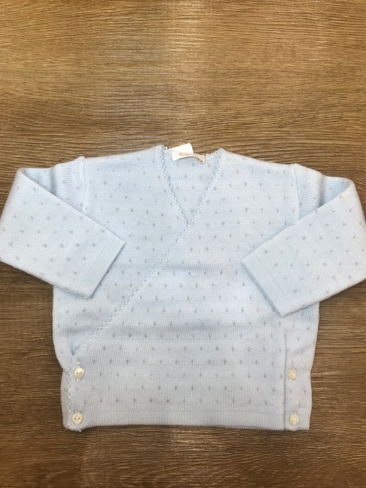 Cardigan Baby Lord in lana ad incrocio celeste con pois grigi