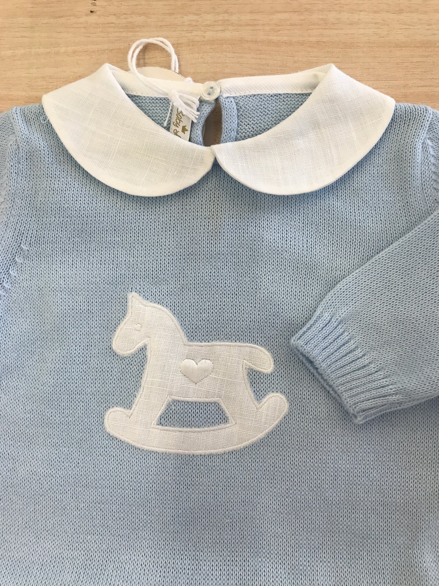 Tutina Baby lord in filo manica lunga gamba lunga con colletto bianco con cavallo a dondolo bianco sul davanti