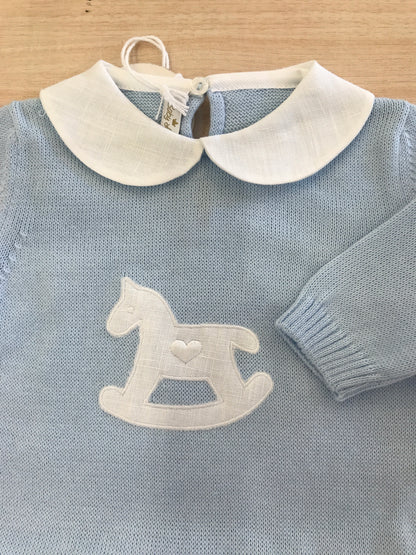 Tutina Baby lord in filo manica lunga gamba lunga con colletto bianco con cavallo a dondolo bianco sul davanti