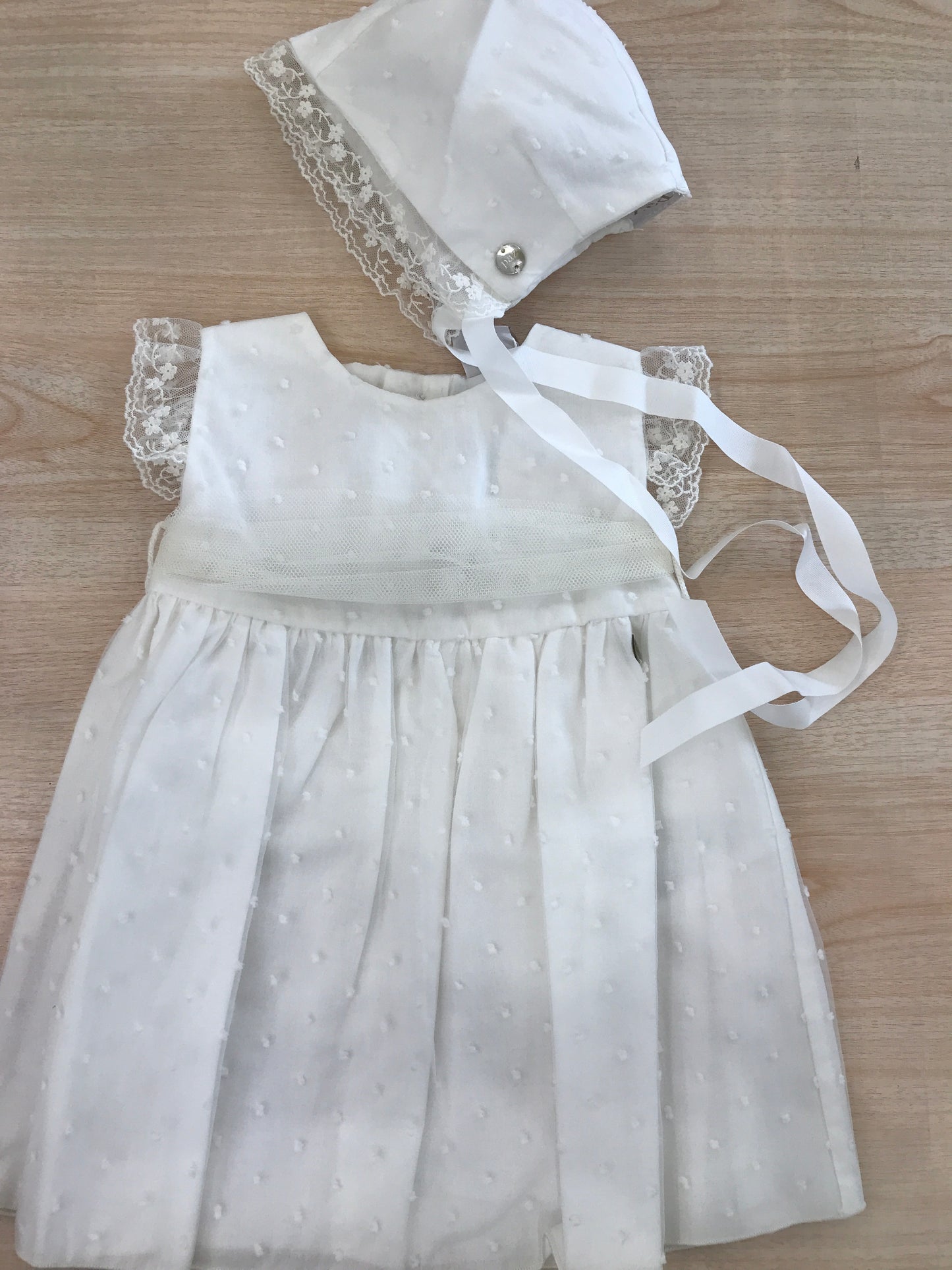 Abito Paz Rodriguez in cotone con tulle con pois smanicato con rusche con fascia in vita con cuffietta con rusche abbinata