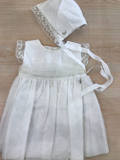 Abito Paz Rodriguez in cotone con tulle con pois smanicato con rusche con fascia in vita con cuffietta con rusche abbinata