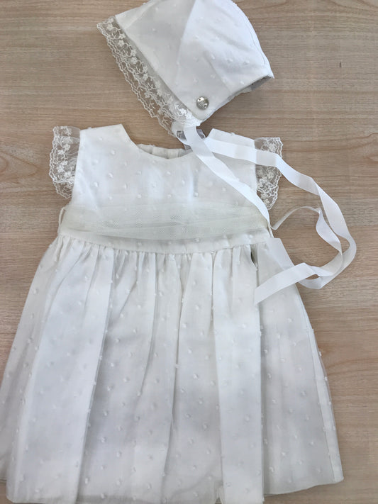 Abito Paz Rodriguez in cotone con tulle con pois smanicato con rusche con fascia in vita con cuffietta con rusche abbinata