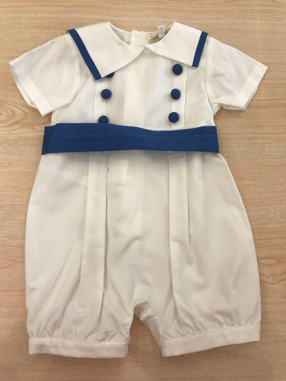 Pagliaccetto Aletta in cotone mezza manica colletto con profilo blu con bottoncini applicati sul davanti blu con fascia a pieghe