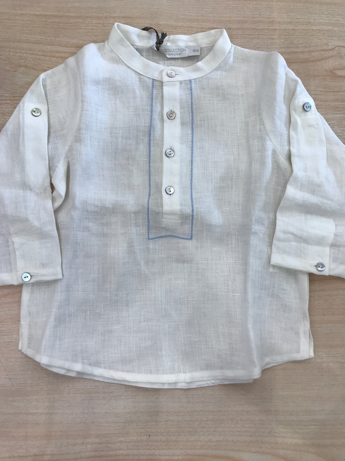 Camicia Laranjinha manica lunga bianca di lino con rifiniture celesti