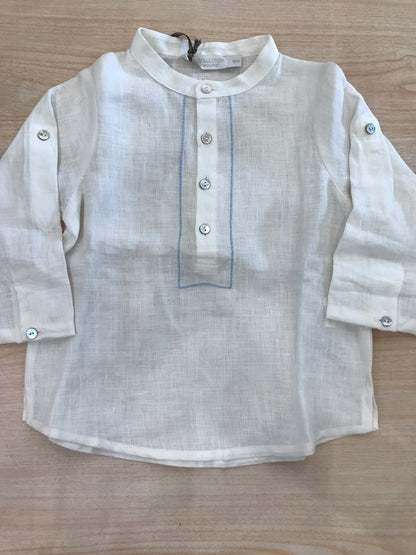 Camicia Laranjinha manica lunga bianca di lino con rifiniture celesti