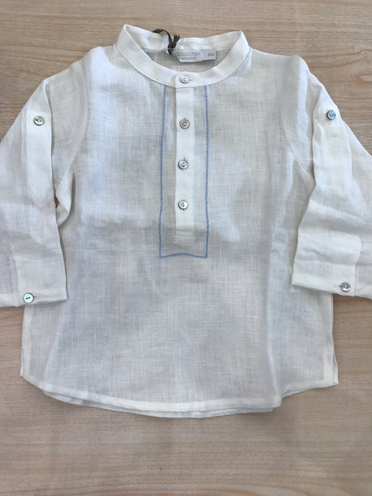Camicia Laranjinha manica lunga bianca di lino con rifiniture celesti