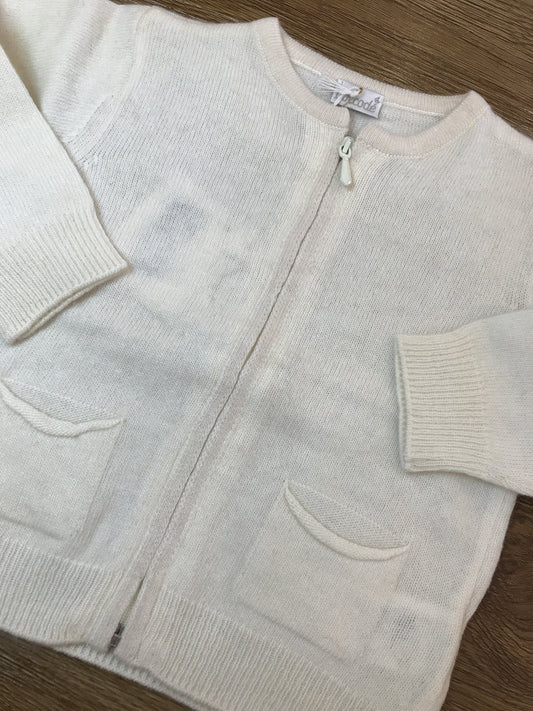 Cardigan Coccodè in lana panna con tasche e zip sul davanti