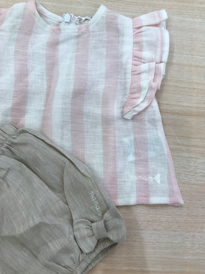Completo Nanan in lino t-shirt con rusche a righe bianche e rosa con pantalone con fiocchetti