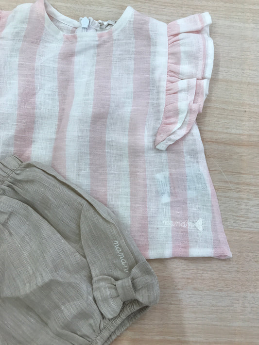 Completo Nanan in lino t-shirt con rusche a righe bianche e rosa con pantalone con fiocchetti