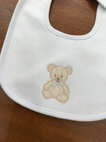 Bavetta Baby Gi in cotone con orsetto ricamato al centro con fiocchetto