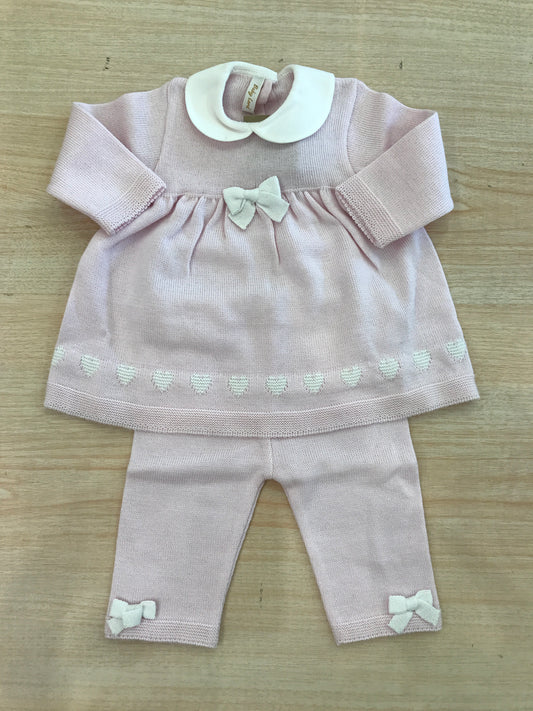 Completo Baby Lord in filo due pezzi manica lunga gamba lunga con fiocchetti bianchi e cuori ricamati