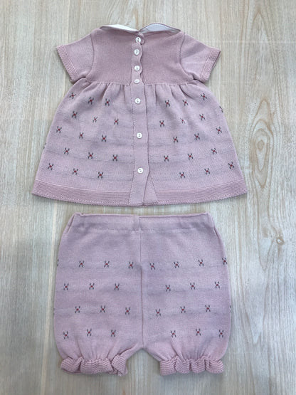 Completo Baby Lord in filo rosa antico mezza manica con fiorellini ricamati e culotte abbinata