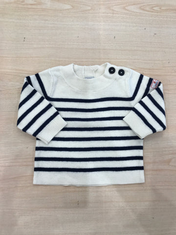 Maglioncino Petit Bateu in lana panna a righe blu scuro con due bottoncini laterali