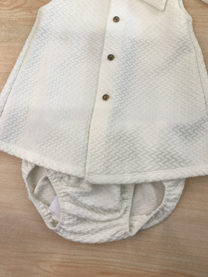 Abito Paz Rodriguez in cotone smanicato con fiocchi sulle spalline con culotte con cuffietta abbinata con laccetti