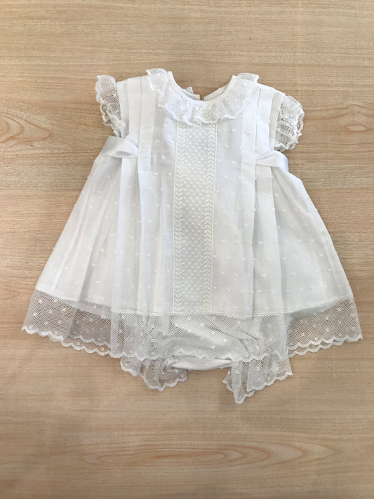 Abito Belan in cotone bianco mezza manica con colletto con rusche con pizzo al bordo con culotte abbinata