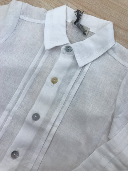 Camicia Jo Milano in lino bianco manica lunga con pieghe sul davanti e bottoncini madreperla