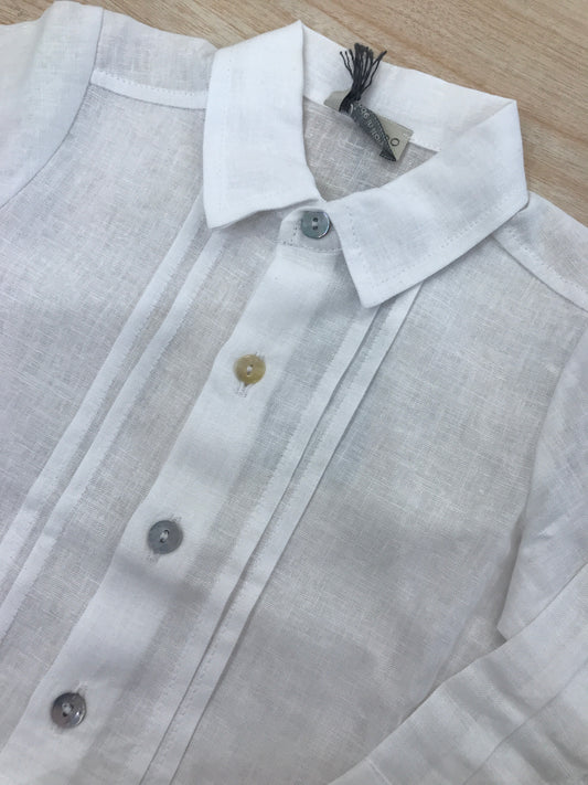 Camicia Jo Milano in lino bianco manica lunga con pieghe sul davanti e bottoncini madreperla