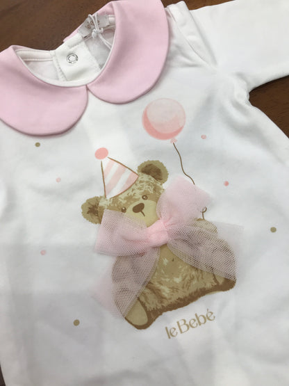 Tutina Le Bebè in cotone intera con piedini manica lunga con collo tondo rosa con orsetto sul davanti