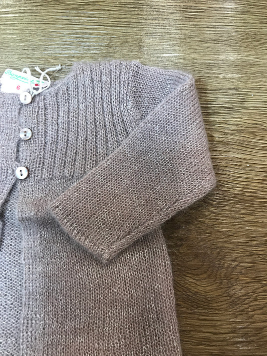 Cardigan Bonpoint in lana color nocciola con dettagli dorati e piccoli bottoncini