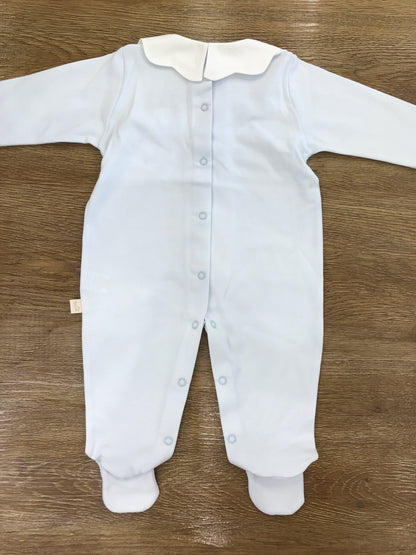 Tutina Baby Gi in cotone intera celeste con collo smerlato bianco in piquet