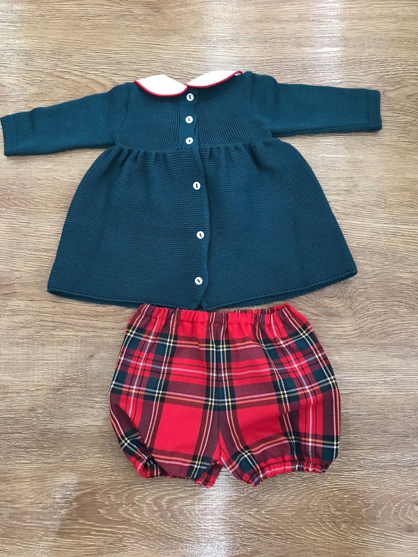 Completo Baby Lord in lana due pezzi verde scuro con fiocco scozzese e culotte