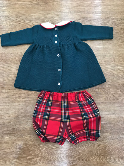 Completo Baby Lord in lana due pezzi verde scuro con fiocco scozzese e culotte