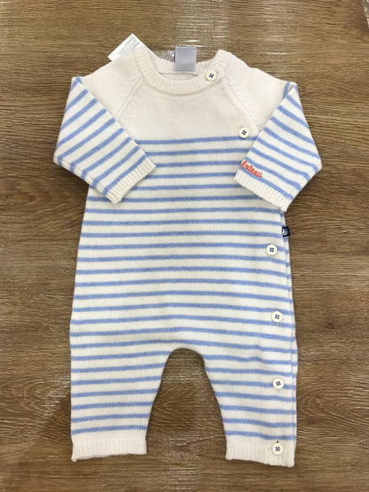 Tutina Petit Bateau intera panna con righe celesti e bottoni trasversali