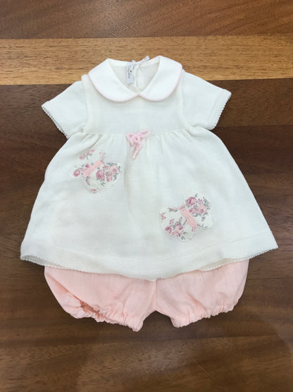 Completo Baby Lord in filo panna due pezzi mezza manica con farfalle e culotte in lino rosa