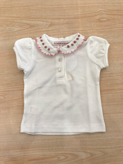 T-Shirt Les Enfants De Gisele in cotone mezza manica a sbuffo con collo rifinito in orsa smerlato con piccole rose ricamate a mano