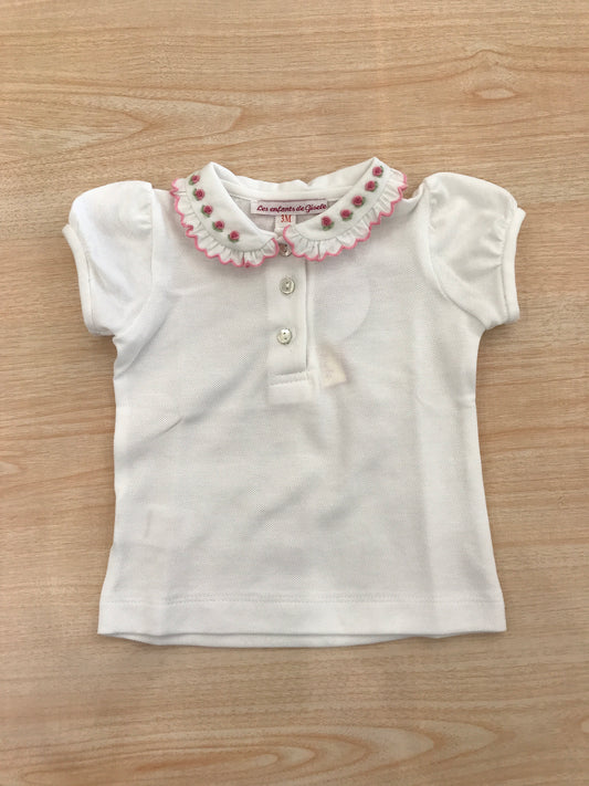 T-Shirt Les Enfants De Gisele in cotone mezza manica a sbuffo con collo rifinito in orsa smerlato con piccole rose ricamate a mano