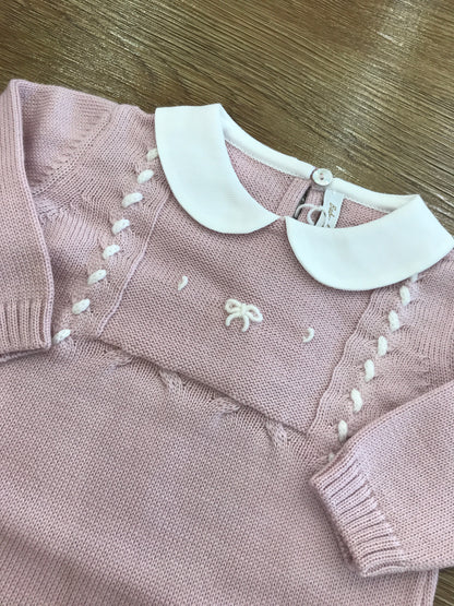 Tutina Baby Lord intera in lana rosa antico con fiocchetto ricamato sul davanti