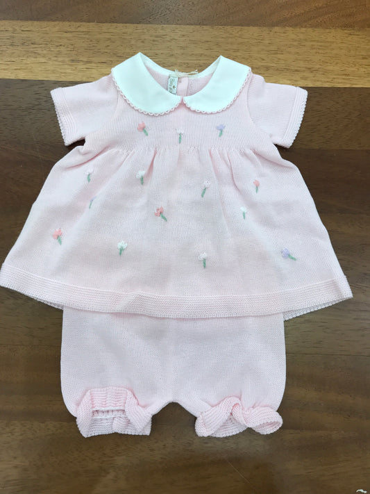 Completo Baby Lord in filo rosa due pezzi mezza manica con fiorellini ricamati sul davanti