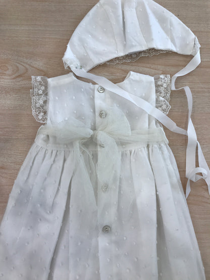 Abito Paz Rodriguez in cotone con tulle con pois smanicato con rusche con fascia in vita con cuffietta con rusche abbinata