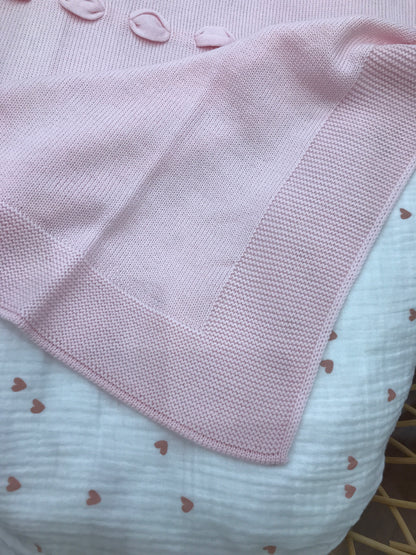 Coperta Baby Lord in lana rosa con passanastro e fiocco con roselline ricamate