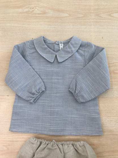 Completo Paloma De La O  in cotone camicia manica lunga con bottoncini sul retro a righe bianche e blu con culotte tortora
