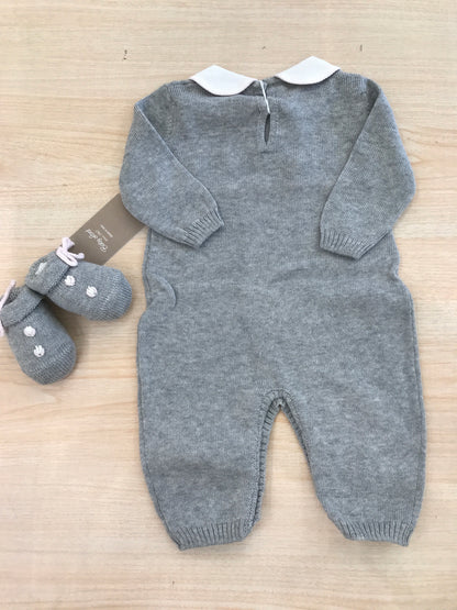 Tutina Baby Lord in filo manica lunga gamba lunga grigia con passanastro e fiori rosa